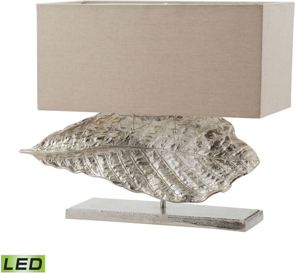 Wide Leaf Led Table Lamp In Nickel With Natural Linen Shade