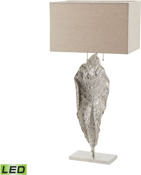 Tall Leaf Led Table Lamp In Nickel With Natural Linen Shade