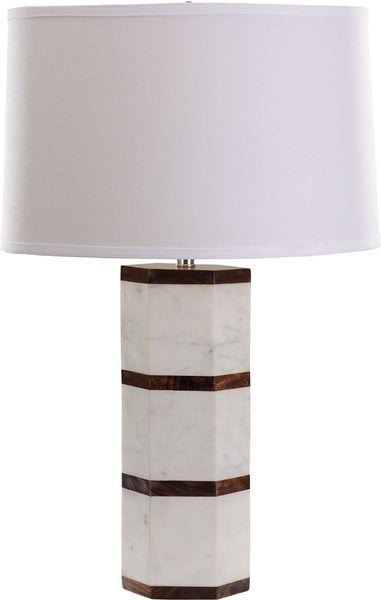 White Marble and Wood Hexagon Table Lamp