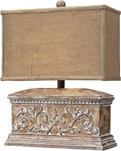 Pinder Distressed Table Lamp In Corbel Finish With Burlap Shade