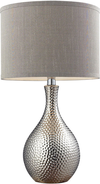 Hammered Chrome Plated Table Lamp With Grey Faux Silk Shade