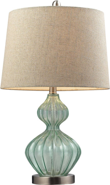 Smoked Glass Table Lamp In Pale Green With Metallic Linen Shade