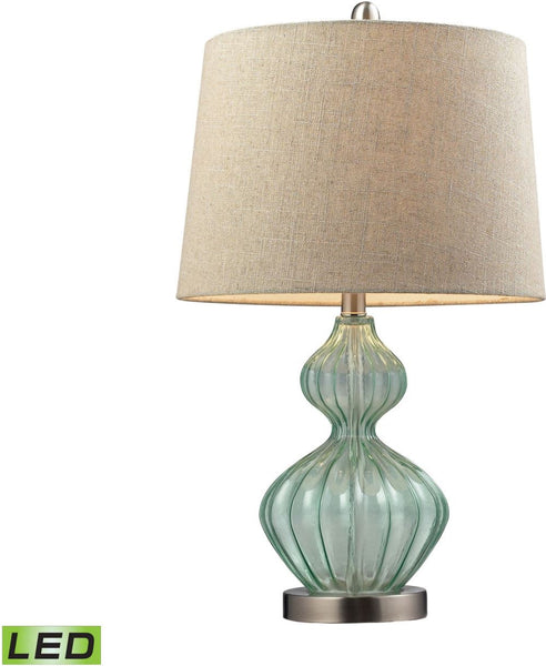 Smoked Glass Led Table Lamp In Pale Green With Metallic Linen Shade