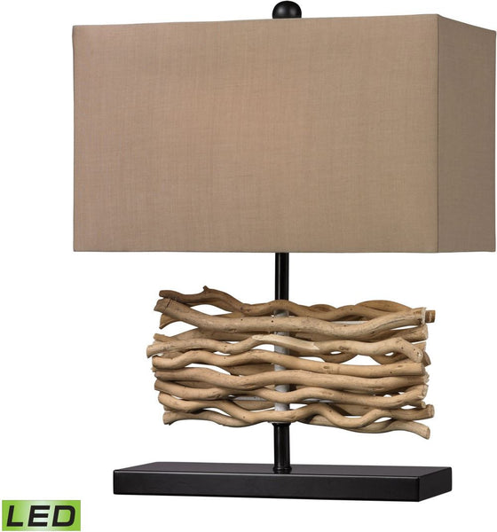 Natural Driftwood Led Table Lamp In Black With Caramel Shade