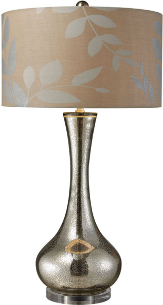 Orion Table Lamp In Antique Mercury Blown Glass With Metallic Print On Cream Linen Shade and Cream Fabric Liner
