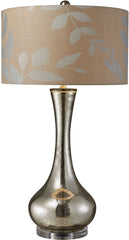 Orion Table Lamp In Antique Mercury Blown Glass With Metallic Print On Cream Linen Shade and Cream Fabric Liner