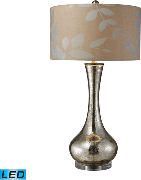 Orion Led Table Lamp In Antique Mercury Blown Glass With Metallic Print On Cream Linen Shade and Cream Fabric Liner