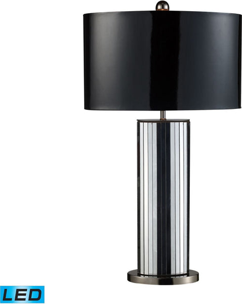 Shreve Led Table Lamp In Mirror and Black Nickel With Oval Black Patent Faux Leather Shade and Silver Fabric Liner