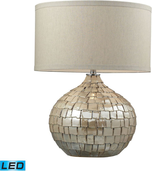 Canaan Ceramic Led Table Lamp In Cream Pearl With Light Beige Linen Shade