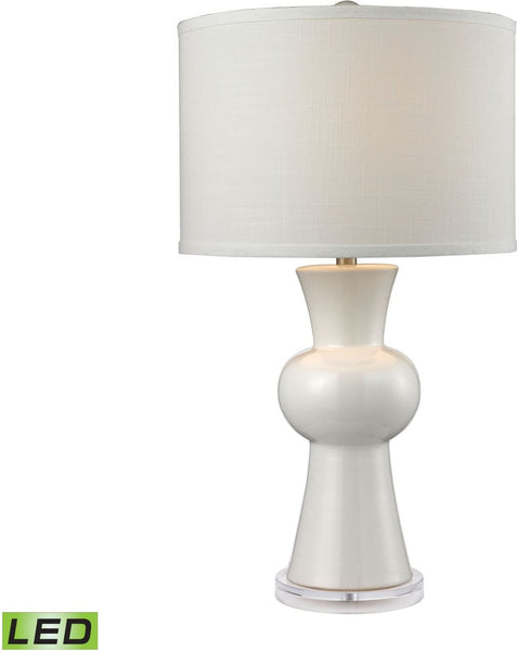 White Ceramic Led Table Lamp With Textured White Linen Hardback Shade