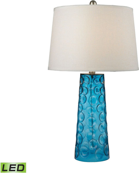 Hammered Glass Led Table Lamp In Blue With Pure White Linen Shade