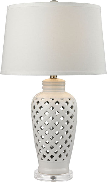 Openwork Ceramic Table Lamp In White With White Shade