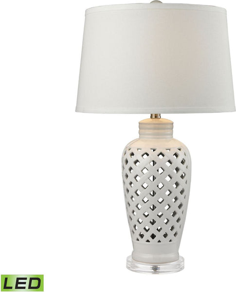 Openwork Ceramic Led Table Lamp In White With White Shade