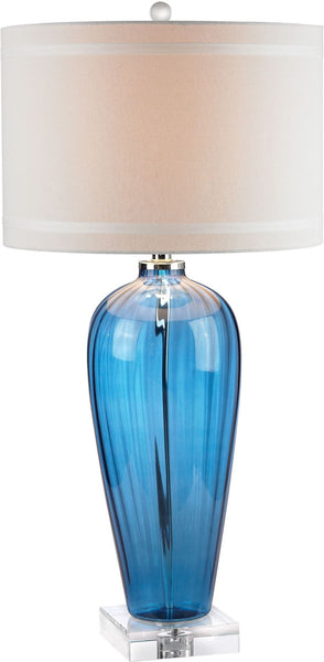 Blue Glass Table Lamp With Crystal Base and Linen Shade