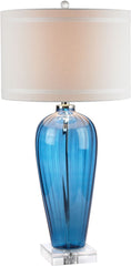 Blue Glass Table Lamp With Crystal Base and Linen Shade
