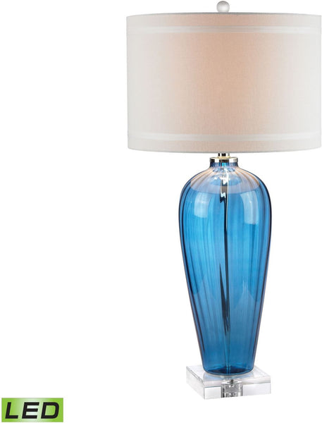 Blue Glass Led Table Lamp With Crystal Base and Linen Shade