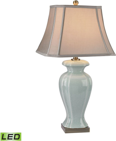 Celadon Led Table Lamp In Glazed Green Ceramic With Antique Brass Accents