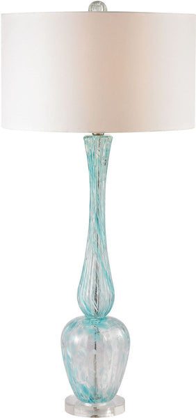 Swirl Glass Table Lamp In Light Blue With White Faux Silk Shade