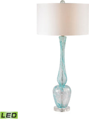 Swirl Glass Led Table Lamp In Light Blue With White Faux Silk Shade