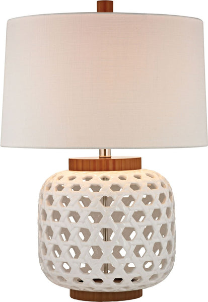 Woven Ceramic Table Lamp In White and Wood Tone
