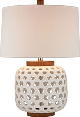Woven Ceramic Table Lamp In White and Wood Tone