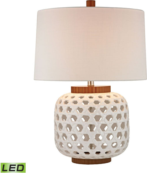Woven Ceramic Led Table Lamp In White and Wood Tone