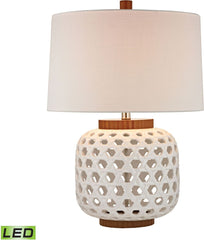 Woven Ceramic Led Table Lamp In White and Wood Tone