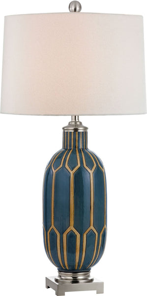Glazed Ceramic Table Lamp In Blue and Off White
