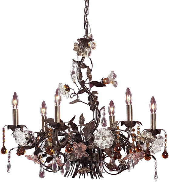 Cristallo Fiore 6 Light Chandelier In Deep Rust With Crystal Florets