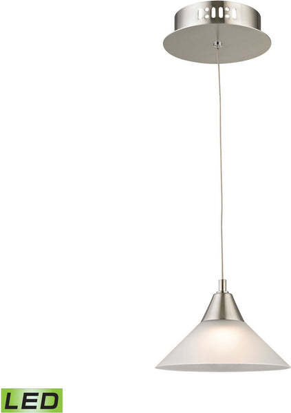 Cono 1 Light Led Pendant In Satin Nickel With White Glass
