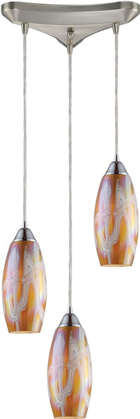 Iridescence 3 Light Pendant In Satin Nickel and Golden Glass