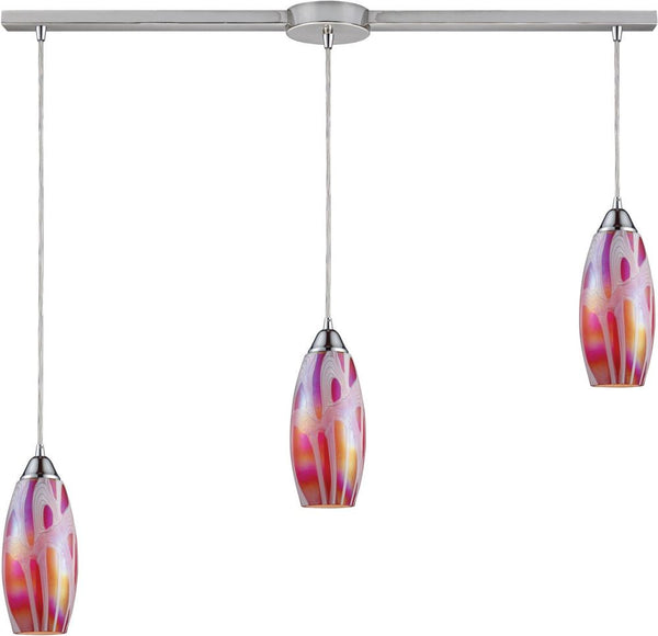 Iridescence 3 Light Pendant In Satin Nickel and Fuschia Glass