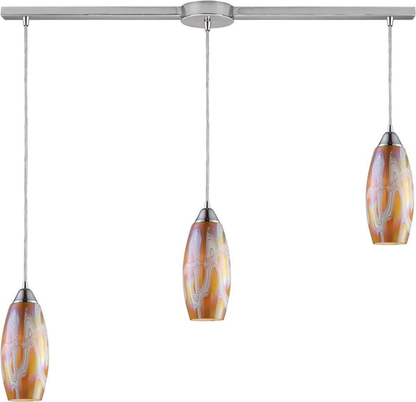 Iridescence 3 Light Pendant In Satin Nickel and Golden Glass