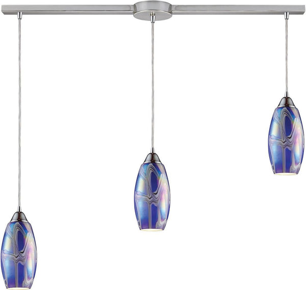 Iridescence 3 Light Pendant In Satin Nickel and Storm Blue Glass