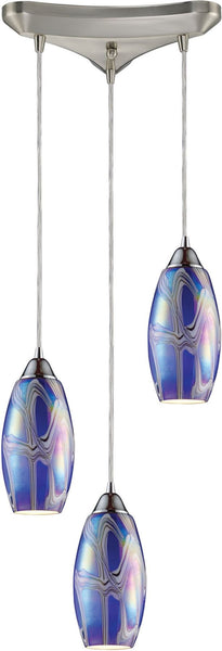 Iridescence 3 Light Pendant In Satin Nickel and Storm Blue Glass
