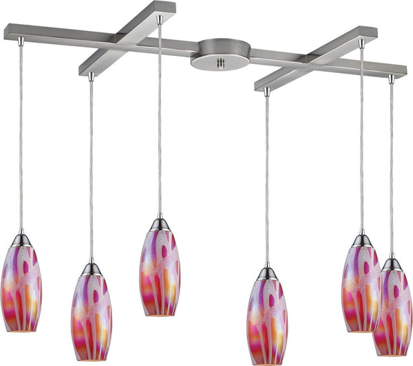 Iridescence 6 Light Pendant In Satin Nickel and Fuschia Glass