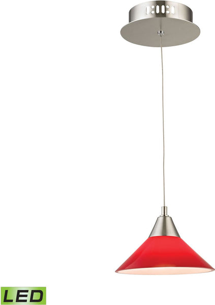 Cono 1 Light Led Pendant In Satin Nickel With Red Glass