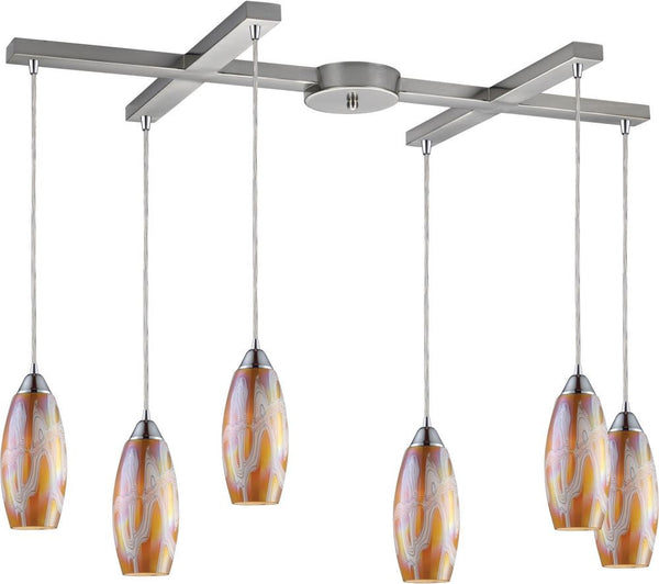 Iridescence 6 Light Pendant In Satin Nickel and Golden Glass