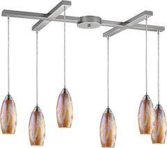 Iridescence 6 Light Pendant In Satin Nickel and Golden Glass