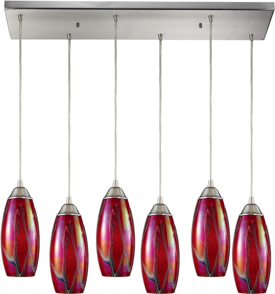 Iridescence 6 Light Pendant In Satin Nickel and Fuschia Glass