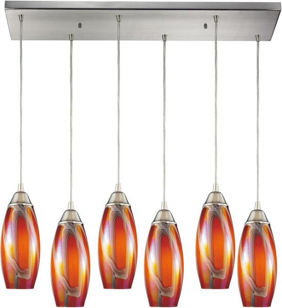 Iridescence 6 Light Pendant In Satin Nickel and Golden Glass