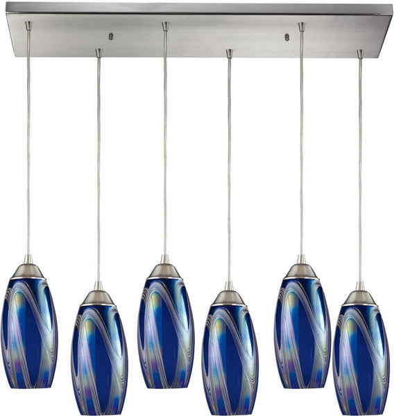 Iridescence 6 Light Pendant In Satin Nickel and Storm Blue Glass
