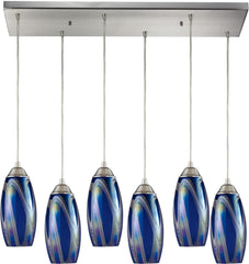 Iridescence 6 Light Pendant In Satin Nickel and Storm Blue Glass
