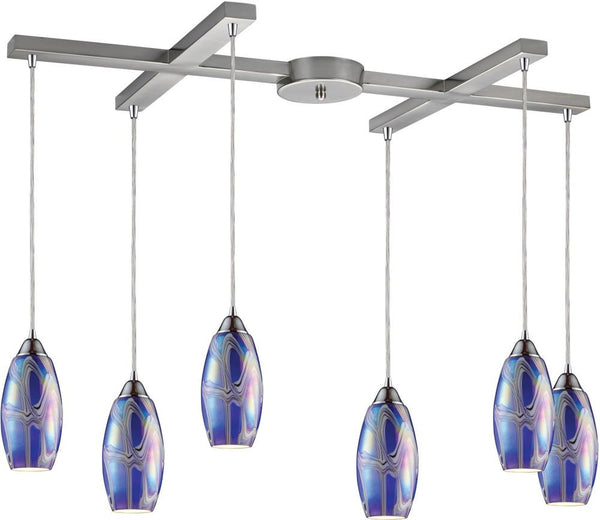 Iridescence 6 Light Pendant In Satin Nickel and Storm Blue Glass