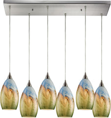 Geologic 6 Light Pendant In Satin Nickel and Multicolor Glass