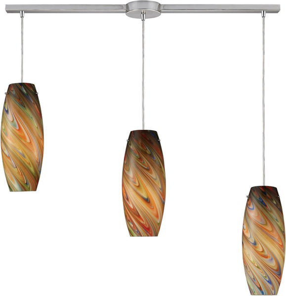Vortex 3 Light Pendant In Satin Nickel and Rainbow Glass