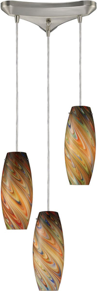 Vortex 3 Light Pendant In Satin Nickel and Rainbow Glass