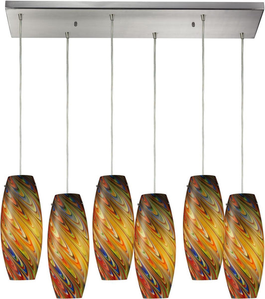 Vortex 6 Light Pendant In Satin Nickel and Rainbow Glass
