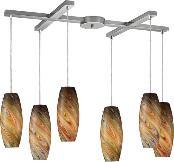 Vortex 6 Light Pendant In Satin Nickel and Rainbow Glass
