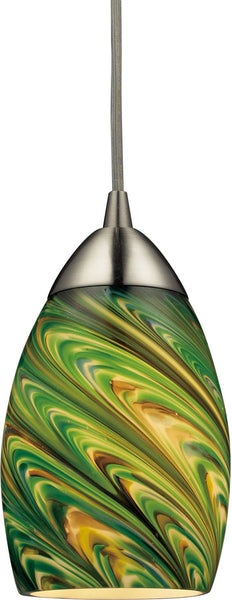 Mini Vortex 1 Light Pendant In Satin Nickel and Evergreen Glass